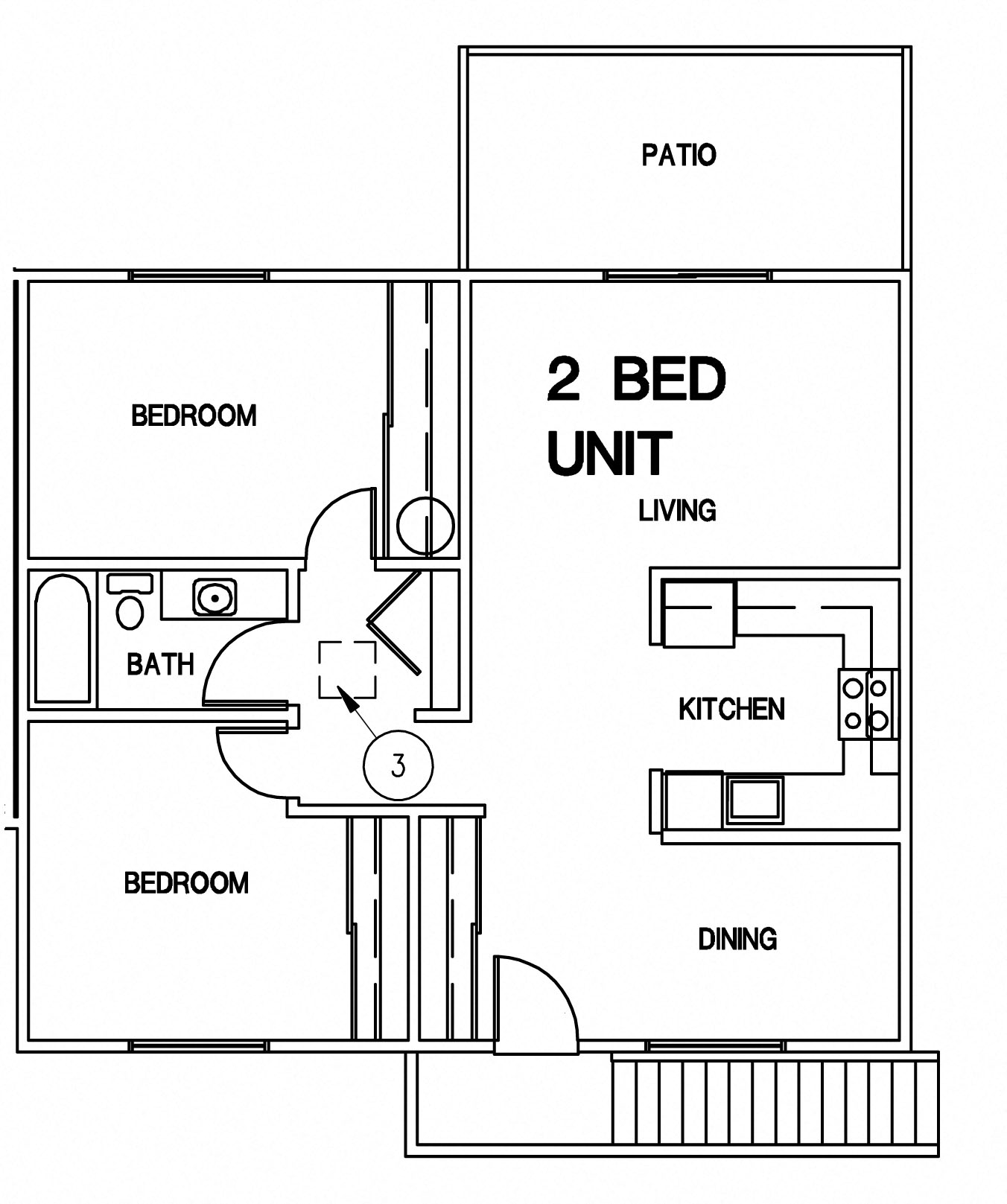 Floor plan for 2 beds, 1 bath, 896 sqft
